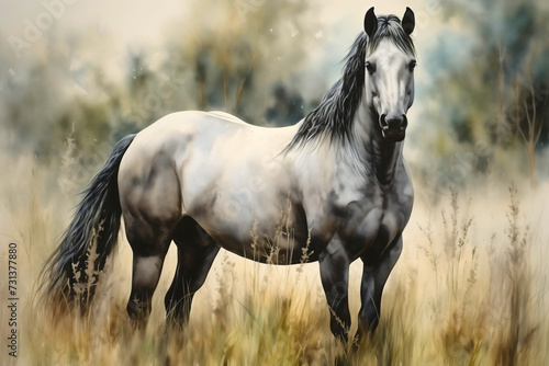 Grulla, grullo or black dun, domestic horse animal in nature painting photo