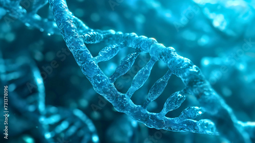 Light blue DNA or Deoxyribonucleic acid strand or molecule spiral shape structure and sequence. Genetic science research, human life code futuristic 3d render analysis and engineering