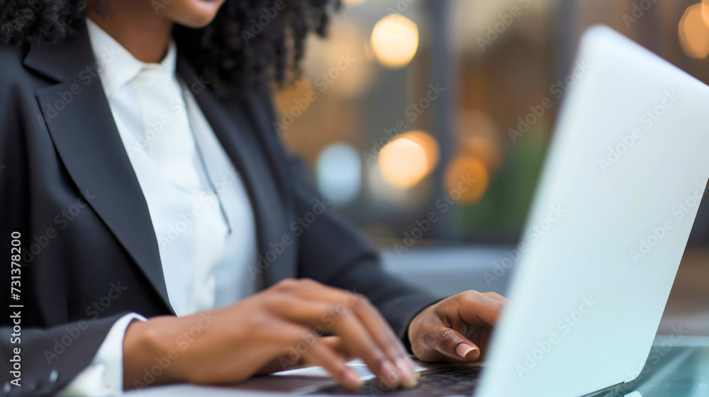 Close up of an African American businesswoman in an elegant suit sitting and working as employee, typing on a laptop keyboard, placed on a shiny glass table in a modern office interior room. Job task Close up of an African American businesswoman in an elegant suit sitting and working as employee, typing on a laptop keyboard, placed on a shiny glass table in a modern office interior room. Job task
