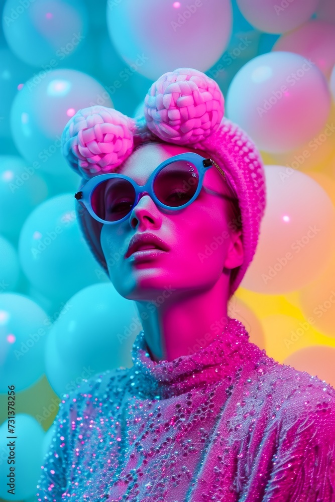 A stylish woman confidently dons a unique fashion accessory, with playful magenta balls adorning her hat and sunglasses, exuding a sense of bold individuality and outdoor fashion A stylish woman confidently dons a unique fashion accessory, with playful magenta balls adorning her hat and sunglasses, exuding a sense of bold individuality and outdoor fashion