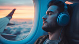 Closeup of a handsome young man with a beard sitting in an airplane seat indoors next to the window, wearing the blue headphones or headset. Relaxing on a flight, clouds and sunset seen outside
