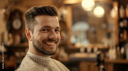 Handsome young man with beard and cool hairstyle smiling at the hairdresser or hairstyling studio, male barber client, grooming saloon, youthful guy smiling, beautician profession treatment customer 