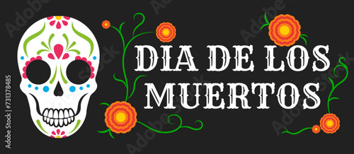 Greeting banner for Mexico's Day of the Dead (El Dia de Muertos) with painted skull