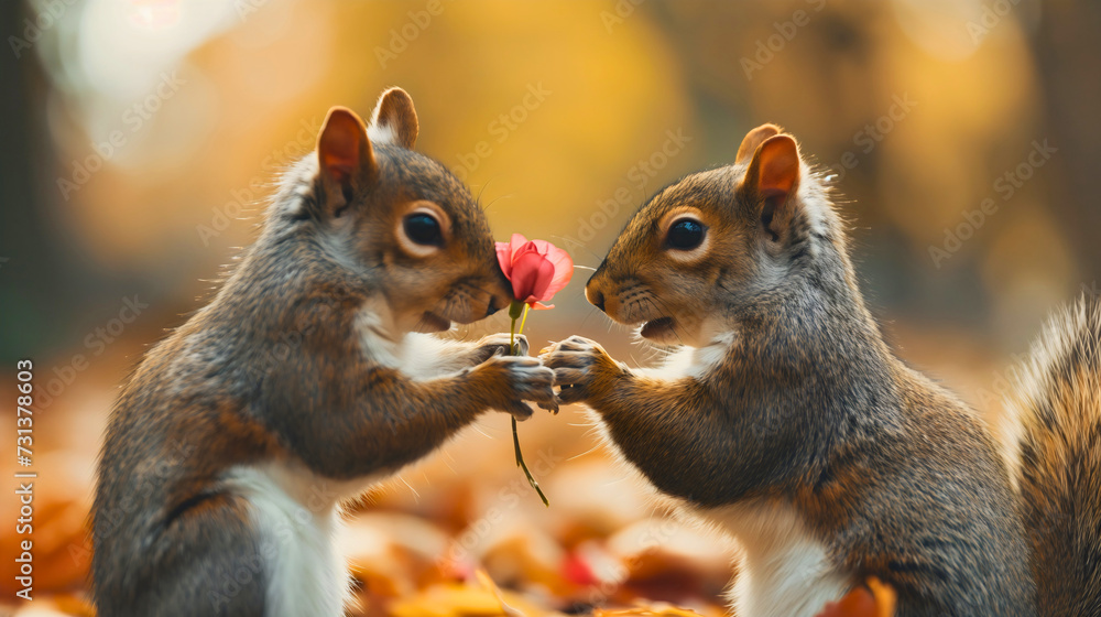 Obraz premium Romantic scene featuring two cute squirrel animals. One is giving a beautiful pink flower to another, standing on the orange autumn leaves in the nature city park