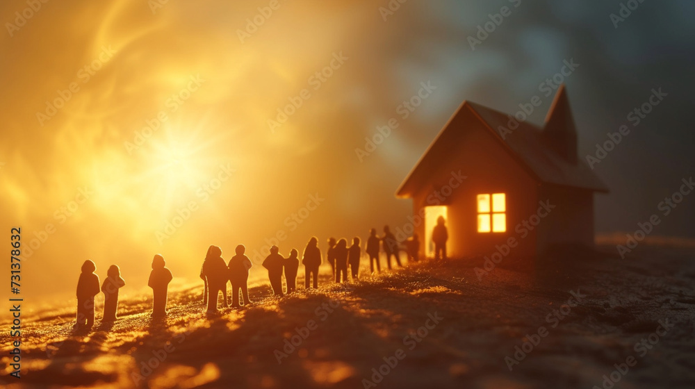 Fototapeta premium A community coming together to build a new house for a family in need, with copy space, dynamic and dramatic composition, with copy space