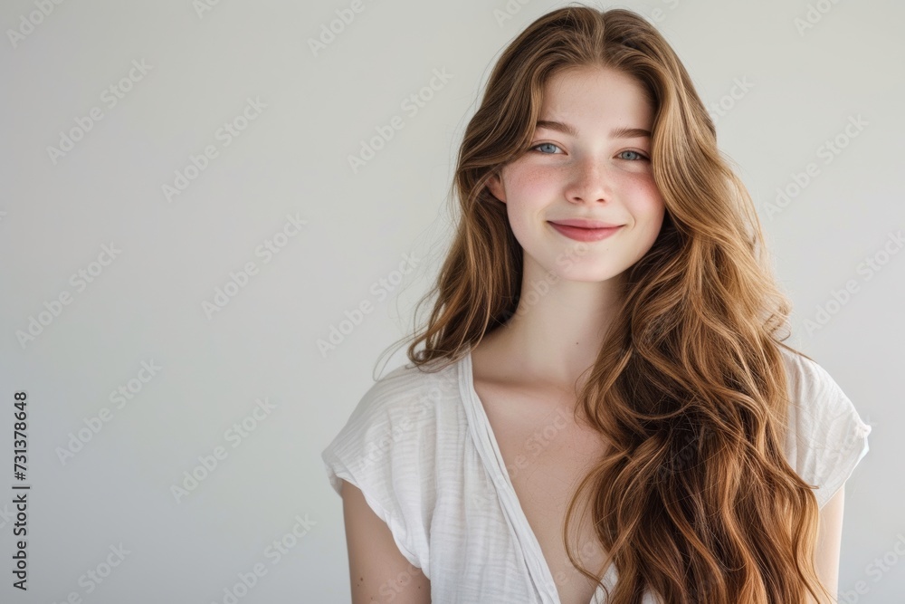 A stunning model with a beaming smile and flowing brown hair poses against a wall in a portrait photography session, radiating confidence and beauty A stunning model with a beaming smile and flowing brown hair poses against a wall in a portrait photography session, radiating confidence and beauty
