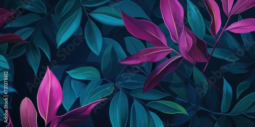 Green leaves and stems on a Magenta background