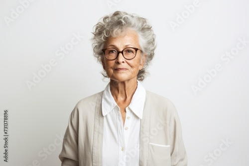 Portrait of senior woman with grey hair and eyeglasses.