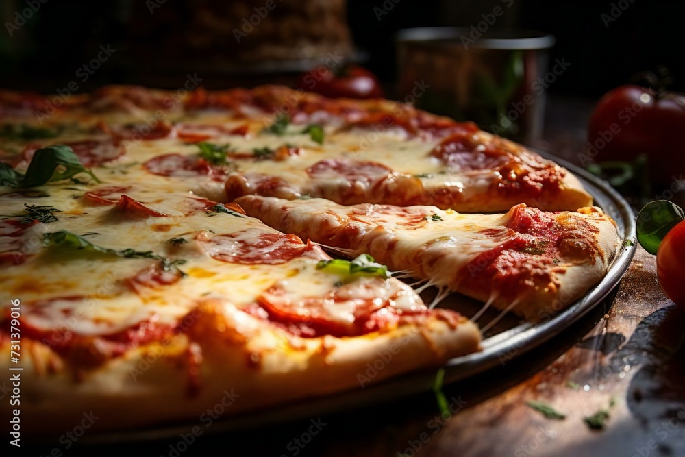 Top view of delicious pizza with salami and tomatoes. Fast food concept, restaurant menu