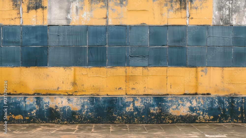 Fototapeta premium Aged blue and yellow wall texture with peeling paint