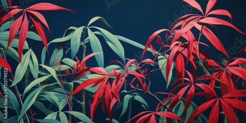 Green leaves and stems on a Maroon background