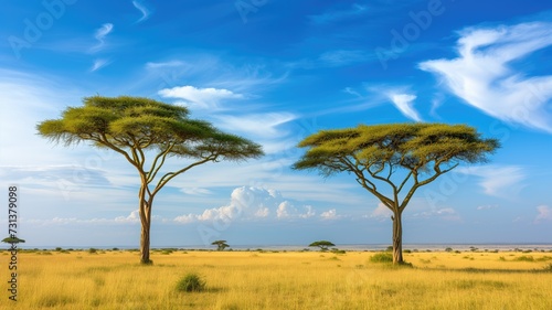 Majestic acacia trees against a clear blue sky on savannah plains