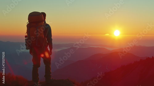 Silhouetted hiker with backpack admiring the sunset over mountains