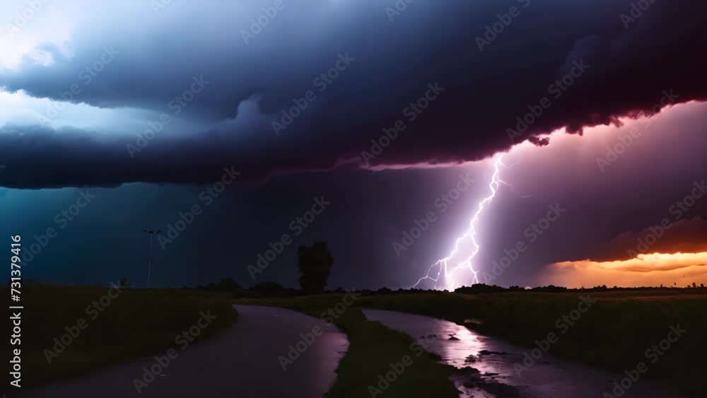 Dark thunderclouds and lightning, with flashes illuminating a blue gap in the sky above the horizon.

