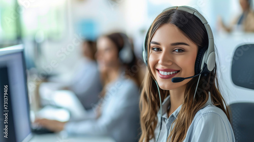 Smiling Woman Wearing Headset in Front of Computer. Callcenter , businesswoman
