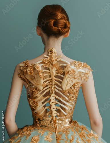 A woman's elaborate gold dress, adorned with intricate ruffles and haute couture embellishments, cascades down her body as she carries the weight of a skeletal burden, symbolizing the hidden sacrific