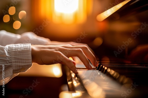 A skilled pianist passionately plays a soulful jazz melody on a grand piano, their hands gracefully dancing across the keyboard as music fills the indoor space
