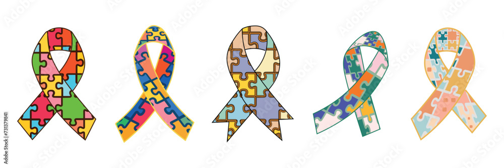 Set of awareness ribbons on white background. Concept of autism spectrum disorder