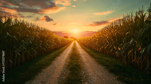 Rural landscape of a soil countryside ground road in the middle of two corn fields at the golden hour sunset. Green plant maize, agriculture farming land growth, harvest season, cob leaves horizon photo