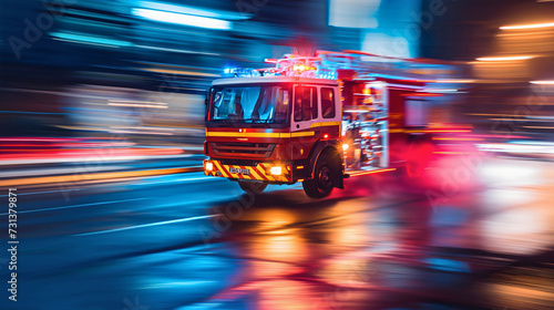 Emergency firefighting department driving a truck at a fast speed at night through the city streets with lights on, rushing service to rescue people from the flame, 911 station team to extinguish fire