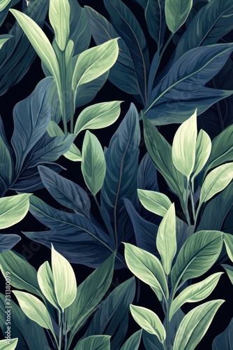 Green leaves and stems on a Navy Blue background