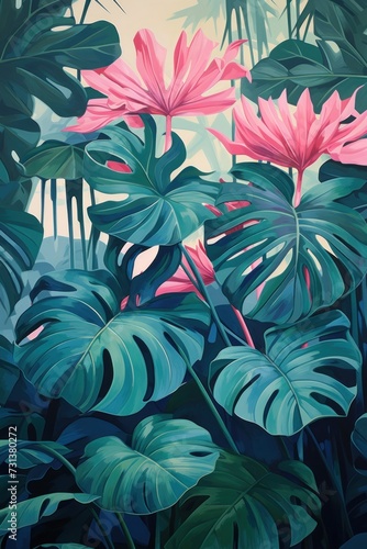 Green leaves and stems on a Pink background