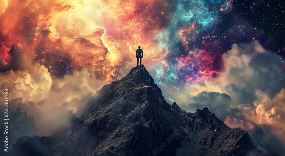 Amidst the infinite expanse of the night sky, a lone figure stands atop the majestic mountain, dwarfed by the swirling clouds and awestruck by the beauty of outer space, surrounded by the untamed for