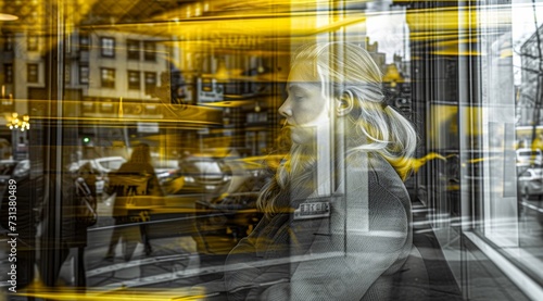 A woman's contemplative gaze through a vibrant yellow building window captures the bustling city street below, reflecting the artful chaos of outdoor life and the fleeting beauty of a passing bus