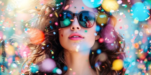 A joyful woman adorned with sunglasses and surrounded by confetti celebrates the holiday season outdoors, radiating happiness and excitement
