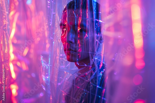 A man's suffocating embrace of magenta, violet, and purple plastic wrap embodies the light and dark of modern art and its ability to both protect and confine photo
