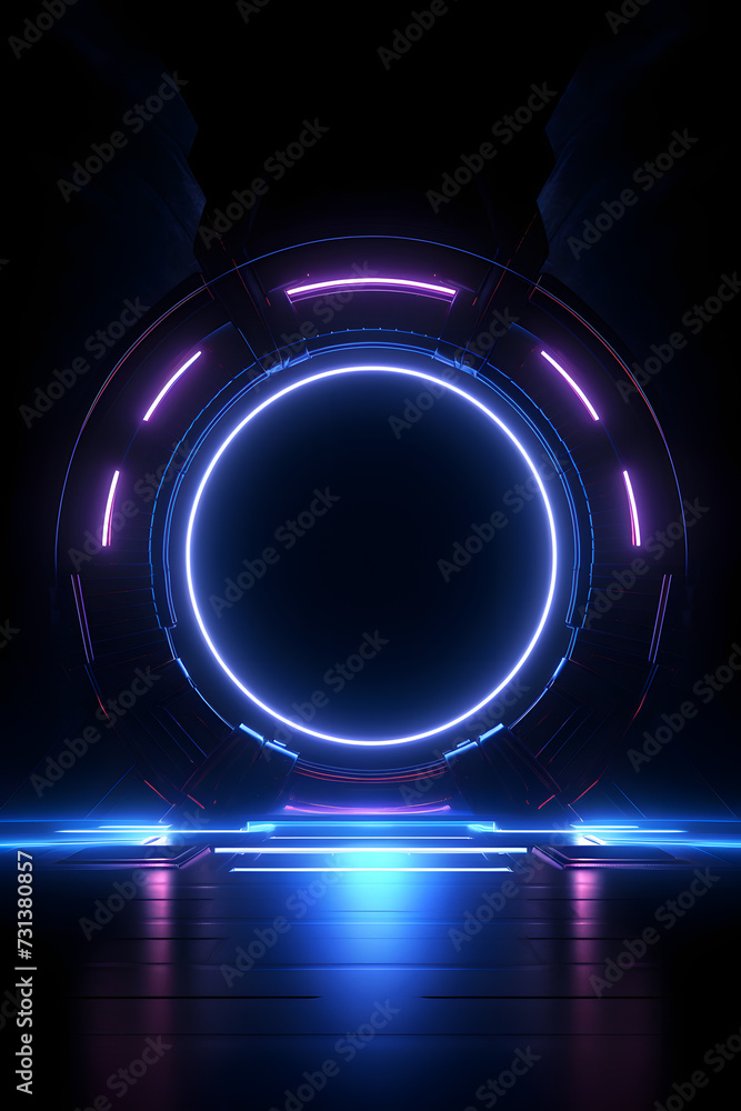 Abstract glowing color neon portal with dark background