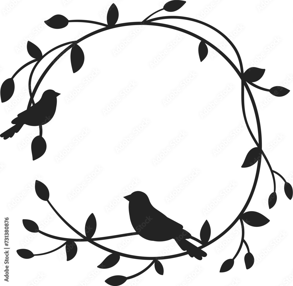 Floral Circle Wreath Silhouette With Birds Floral Circle Wreath Silhouette With Birds