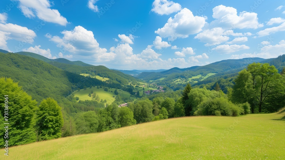 Expansive view of lush hills and a valley on a sunny day