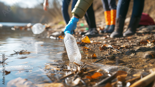 Close-up of a volunteer's hand in a blue glove picking up a discarded plastic bottle from a river bank, with other volunteers and scattered leaves in the background photo