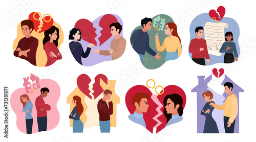 Set of quarreled couples on white background. Concept of divorce