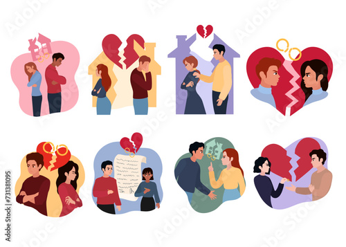 Set of quarreled couples on white background. Concept of divorce