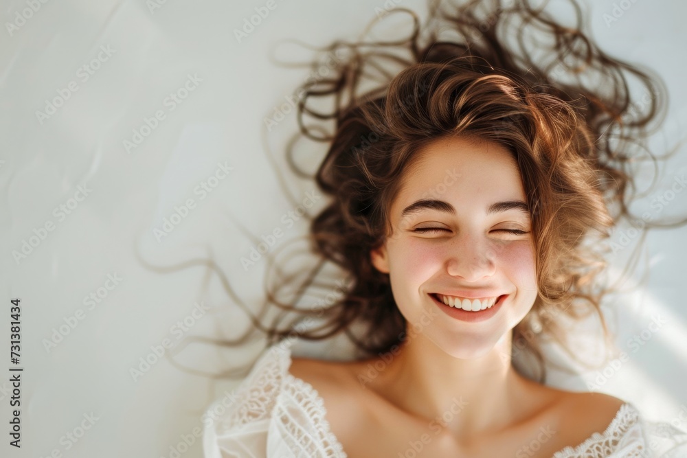 A blissful bride in her flowing wedding dress, adorned with a radiant smile and closed eyes, rests against the wall in a peaceful portrait photography session A blissful bride in her flowing wedding dress, adorned with a radiant smile and closed eyes, rests against the wall in a peaceful portrait photography session