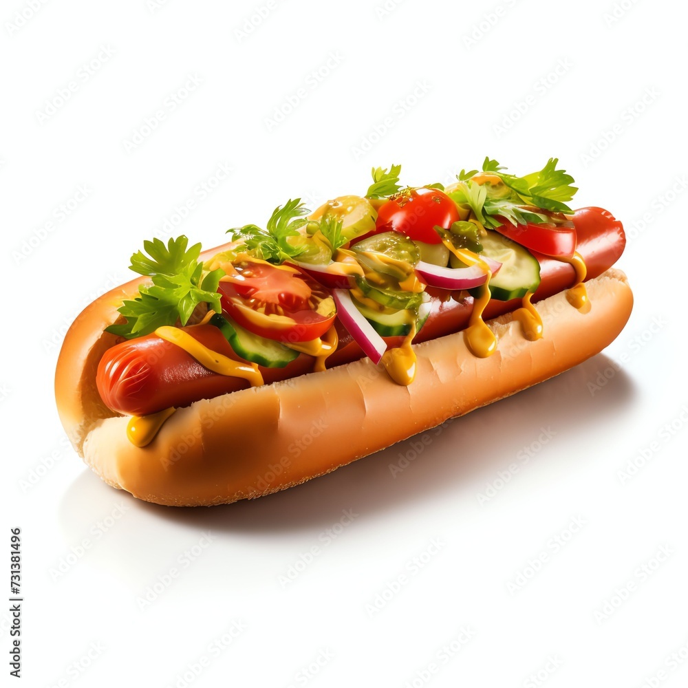 a Hot dog with mustard and ketchup sauce and vegetables, studio light , isolated on white background a Hot dog with mustard and ketchup sauce and vegetables, studio light , isolated on white background