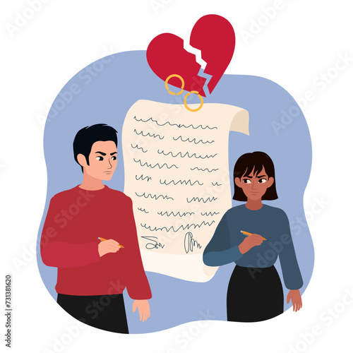 Quarreled couple after signing divorce certificate on white background