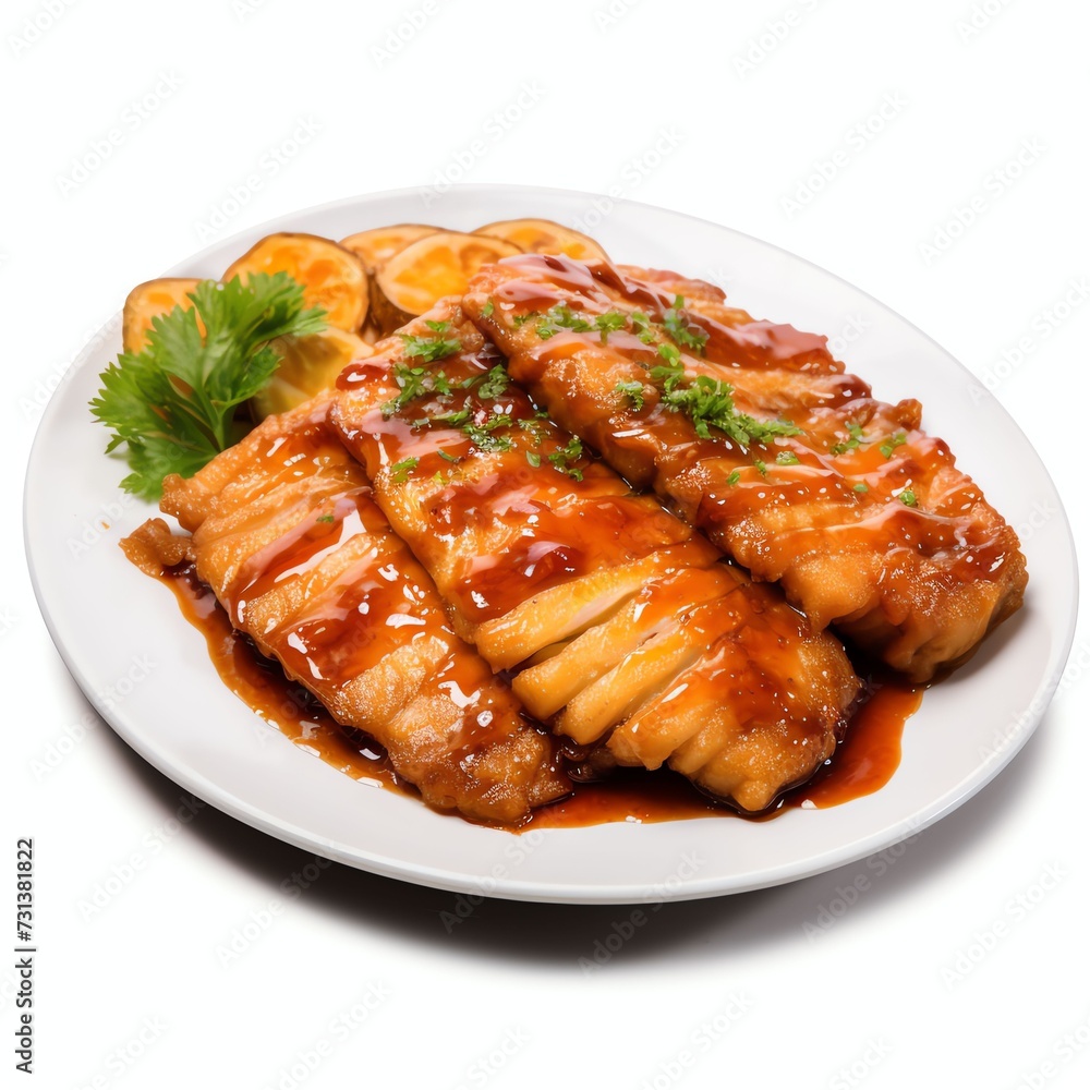 a gurameh saus asam manis fried carp fillet with sauce deep fried carp fillet, studio light , isolated on white background a gurameh saus asam manis fried carp fillet with sauce deep fried carp fillet, studio light , isolated on white background