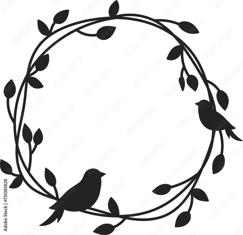 Floral Circle Wreath Silhouette With Birds