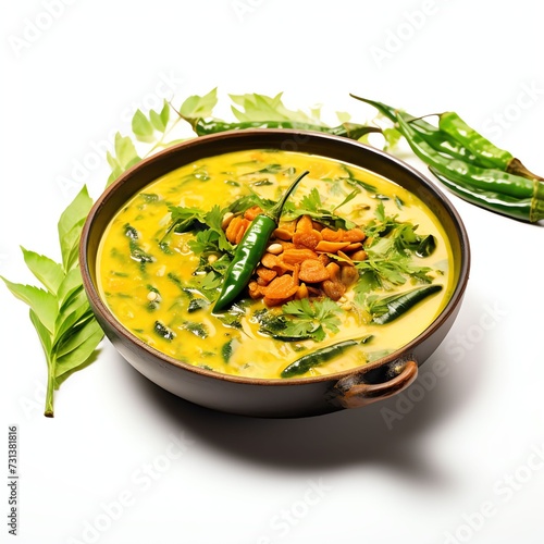 a gulai paku or pakis or curry fern is fern shoots and leafs cooked with curry spices in coconut milk, studio light , isolated on white background