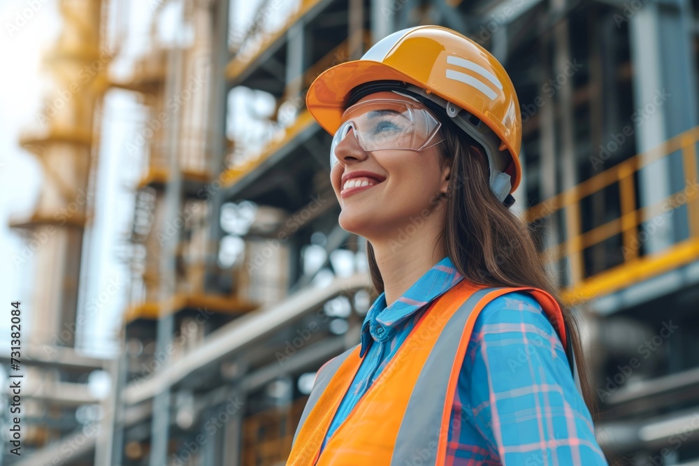 A fierce female engineer stands confidently on the street, her human face shining with determination as she dons a bright orange hard hat and safety vest, ready to conquer the world of construction w A fierce female engineer stands confidently on the street, her human face shining with determination as she dons a bright orange hard hat and safety vest, ready to conquer the world of construction w