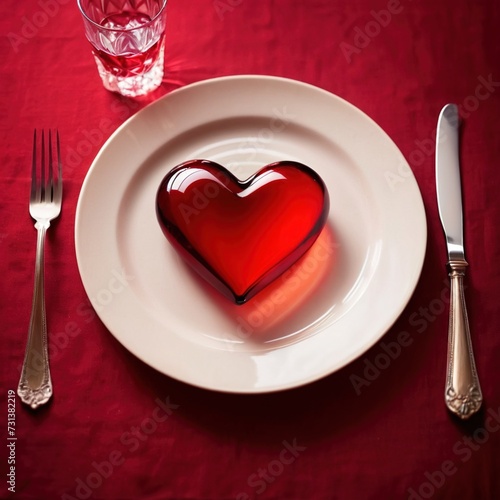 Heart friendly diet, with red heart on a dining plate © Kheng Guan Toh