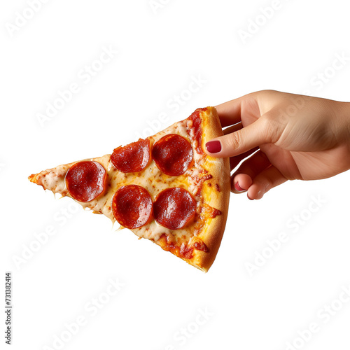 Fast food delight: Close up photo of a woman’s hand holding a pepperoni pizza slice, Isolated on Transparent Background, PNG