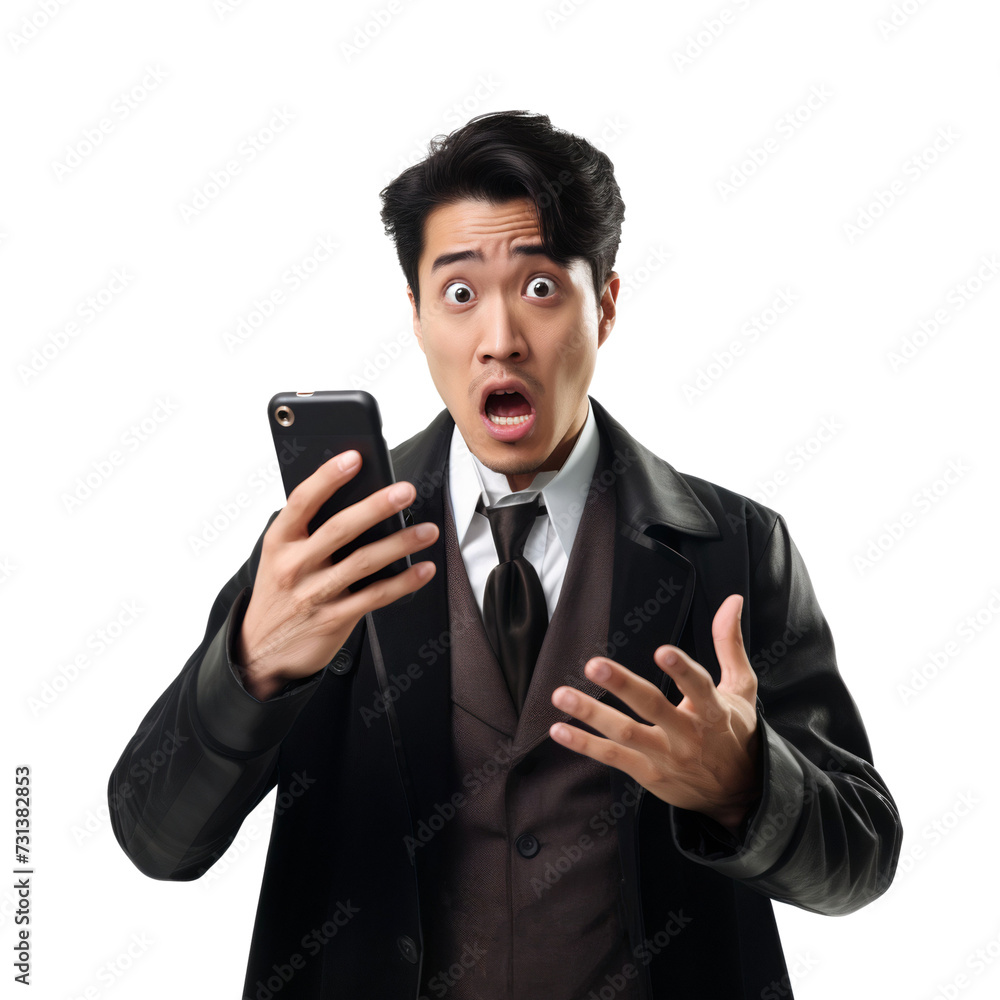 Portrait of a businessman holding a smartphone and looking surprised or shocked, isolated on white background Portrait of a businessman holding a smartphone and looking surprised or shocked, isolated on white background