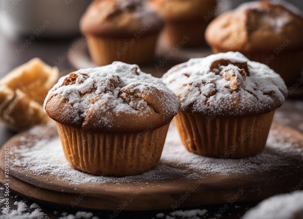 Muffins with powdered sugar on a wooden board. Selective focus.