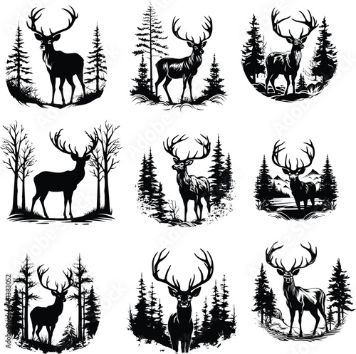 deer silhouette, logo, set vector illustration
