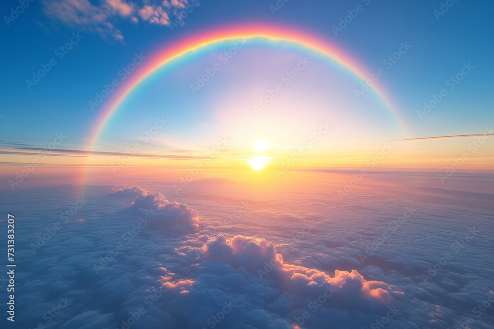 Colorful Rainbow in the Sky, Blue Sky of a Sunrise with the Sun at the Center of the Curve, and Abundant Clouds