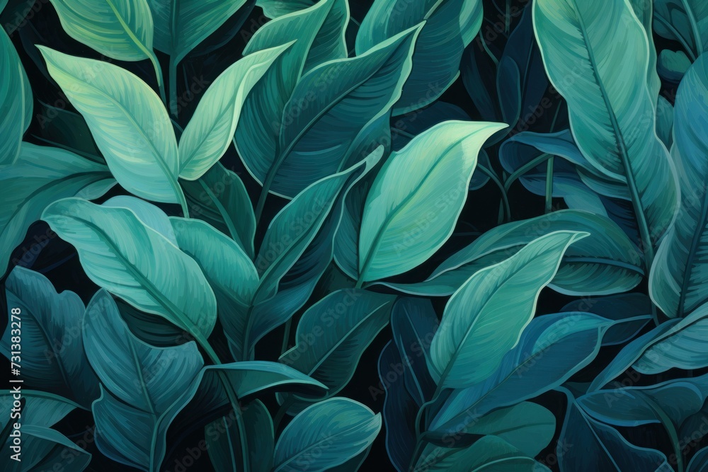 Green leaves and stems on a Turquoise background - obrazy, fototapety, plakaty 